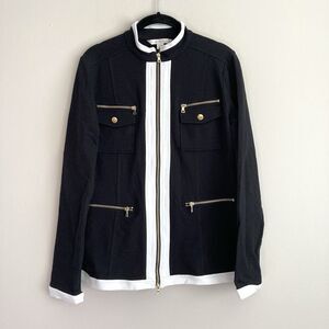 Boston Proper Womens Black White Small Full Zip Fashion Jacket Gold Accents